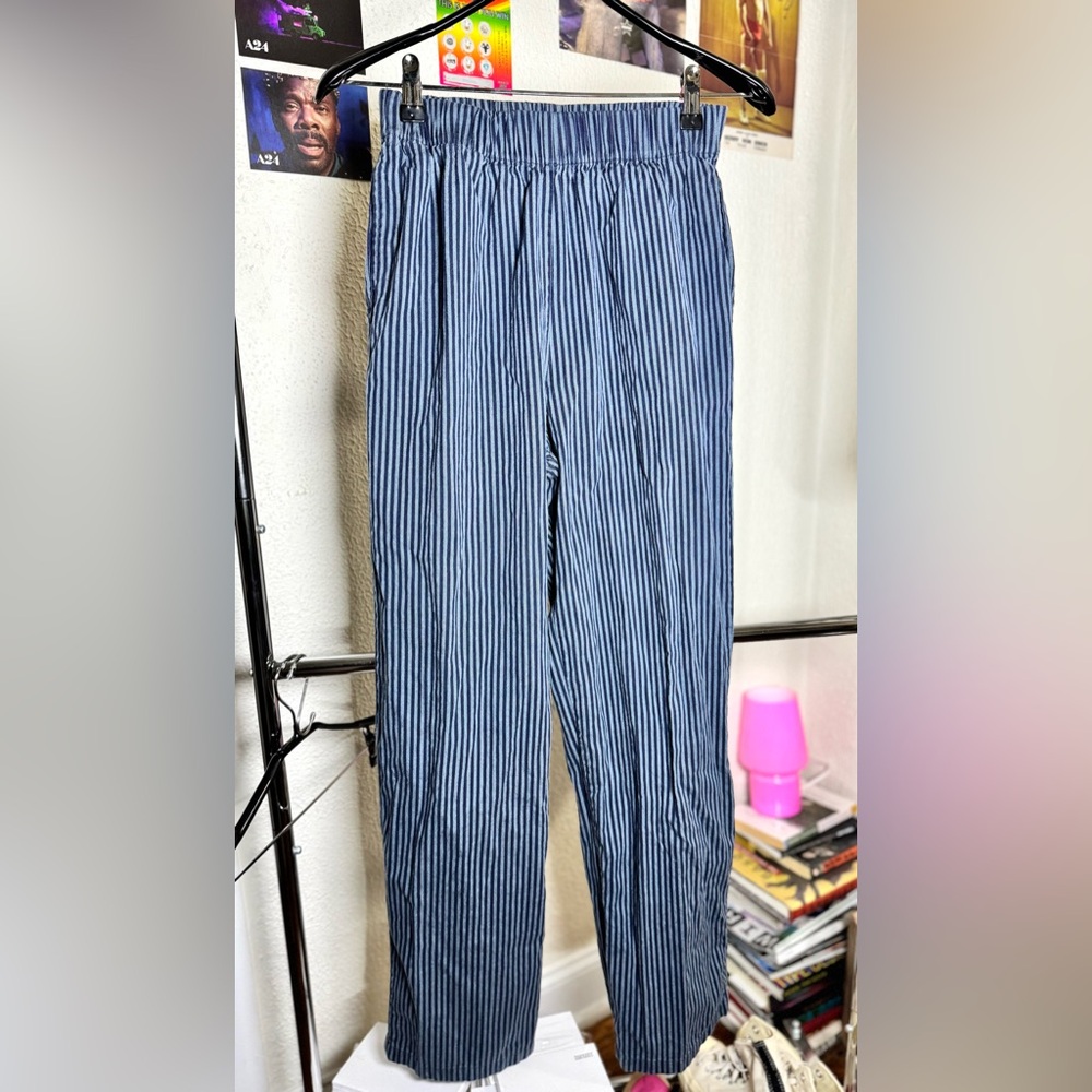 Zara Navy Blue Striped 100% Cotton Pants with Pockets